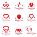 Heart shapes composed using pulsating ecg charts and phonendoscope. Disorders in cardiovascular system diagnosis clinic vector em