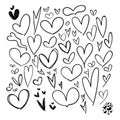 Heart shapes doodles collection. Black line sketches. Vector illustration, flat design