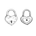 Heart-shapes padlocks in retro style. Hand-drawn black and white design elements. Vector illustration Royalty Free Stock Photo