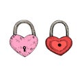 Heart-shapes padlocks in retro style. Hand-drawn design elements. Vector illustration Royalty Free Stock Photo