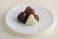 Heart shapped chocolate sweets, brown and white color, white plate