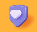 Heart shield safety 3d icon vector graphic, modern health care life insurance guard protection render cartoon design purple violet