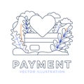 Heart sign and Credit Card Vector stock illustration. Outline style Payment illustration for landing page or presentation. The