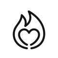 Heart sign on fire, symbol of passion, simple line style black icon