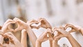 Heart sign, hands in air and peace for love, solidarity and have hope together for humanity. Community, hand gesture in Royalty Free Stock Photo