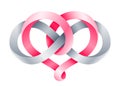 Heart sign intertwine with infinity symbol made of pink and silver mobius stripes. Symbol of harmonic eternal love