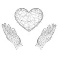 Heart sign symbol of love and two holding, protecting hands from abstract futuristic polygonal black lines and dots