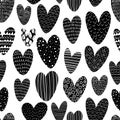 Heart silhouette seamless pattern with doodles elements. Black and white ornament. Hand drawn love icons with lines and dots. Royalty Free Stock Photo