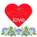 Heart with silhouette of swans and garland of blue roses