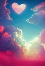 Heart in the sky among pink clouds. Heart in the glowing cloudy sky. AI-generated