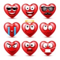 Heart Smiley Emoji Vector Set For Valentines Day. Funny Red Face With Expressions And Emotions. Love Symbol.