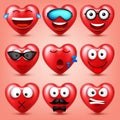 Heart smiley emoji vector set for Valentines Day. Funny red face with expressions and emotions. Love symbol.