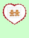 Heart with smiling gingerbread man and woman on completed white jigsaw puzzle, isolated on green background, copy space Royalty Free Stock Photo