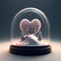 Heart snow globe with trees, and hearts floating inside - generative AI