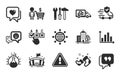 Heart, Spanner tool and Quote bubble icons set. Diagram graph, Smile and Truck transport signs. Vector