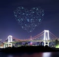 Heart sparkle Fireworks celebrating over Tokyo Rainbow Bridge at Royalty Free Stock Photo