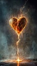 Heart split in two with glowing edges and sparks illuminating the dark background Royalty Free Stock Photo
