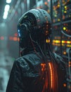 Futuristic Cyborg in a Neon-Lit Server Farm Royalty Free Stock Photo