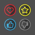 Heart star thumb up and thumb down social network vector icons in circle. Feedback social symbols isolated on dark Royalty Free Stock Photo