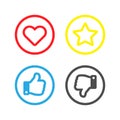 Heart star thumb up and thumb down social network vector icons in circle. Feedback social symbols isolated. Vector Royalty Free Stock Photo