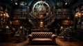 A steampunk-inspired library, adorned with brass gears and intricate clockwork. The shelves house a collection of leather-bound