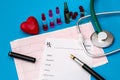 Heart, stethoscope, cardiogram, pharmacy receipt and tablets are highlighted