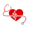 Heart with stethoscope and heartbeat sign. Vector Illustration