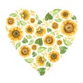 Heart with sunflowers. Template for a wedding invitation.