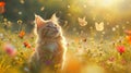 In A Sunlit Meadow Adorned With Wildflowers, An Adorable Long-haired Cat Frolics With Butterflies, Its Fur Flowing Like Silk In