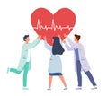 Heart Support. Doctors and nurses hold huge heart, cardiology team, professional aid and therapy, treatment in hospital