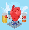 Heart support, medicines for health vector illustration. Heart meditation among treating, sedative, antidepressant drugs