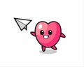 Heart symbol cartoon character throwing paper airplane