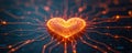 Heart symbol glows on tech circuit board. Artificial intelligence love concept visualisation. Symbolism of human emotion in Royalty Free Stock Photo