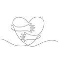 Heart symbol with hand embrace line drawing. Minimal contour line art. Good for sign and symbol of love and wedding