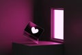 Heart symbol and laptop with pink window light concept 3d rendering