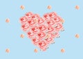 Heart symbol made of fresh pink Rose flowers isolated on pastel blue background. Love concept for Valentines and Mothers Day. Royalty Free Stock Photo