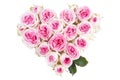 Heart symbol made of fresh white-pink Rose flowers isolated on white background. Royalty Free Stock Photo