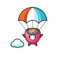 Heart symbol mascot cartoon is skydiving with happy gesture