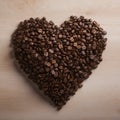 Heart symbol, roasted coffee beans in rustic wooden background. Heart shape made from coffee beans on wooden surface. beans seed Royalty Free Stock Photo