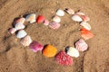 Heart symbol from shells on sand