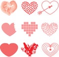 Heart Symbol Vector Red Shapes Collection Of Various Flat Icons Isolated On Light Background. Valentines Day Assorted