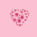 Heart symbol from watercolor flowers of roses isolated on pink background.Valentine`s Day card