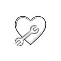 A heart symbol with a wrench hand drawn outline doodle icon.