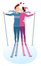 Heart symbols and kissing skier man and skier woman illustration