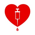 Heart and syringe with vaccine drop. Symbol of  vaccination against covid-19 or blood donation. Vector icon isolated on white Royalty Free Stock Photo