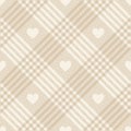 Heart tartan check pattern in beige and white. Seamless Valentine`s Day herringbone plaid with love hearts for spring summer autum