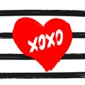 Heart with text Xoxo on striped background painted with watercolour brush. Sketch, watercolor, ink, graffiti.