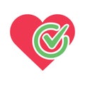 Heart tick icon vector illustration, flat cartoon healthy heart with checkmark symbol, idea of confirmed