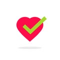 Heart tick icon vector illustration isolated, cartoon flat healthy heart with checkmark symbol, idea of confirmed or Royalty Free Stock Photo