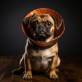 pug puppy dog with neck cone, on black background, generative ai